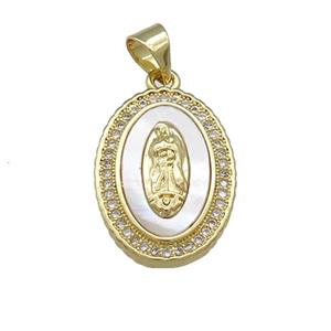 Jesus Charms Copper Oval Pendant Pave Shell Zircon 18K Gold Plated, approx 14-20mm