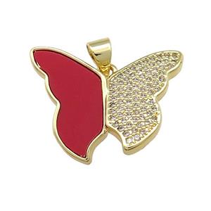 Copper Butterfly Pendant Pave Red Shell Zircon 18K Gold Plated, approx 20-25mm