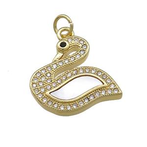 Copper Swan Charms Pendant Pave Shell Zircon 18K Gold Plated, approx 17-19mm