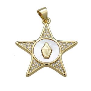 Copper Star Pendant Pave Shell Zircon Virgin Mary Charms 18K Gold Plated, approx 24mm