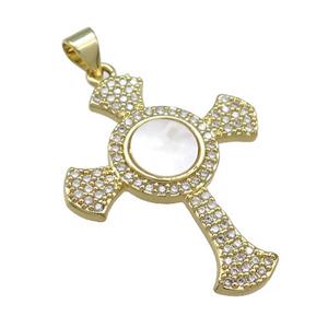 Copper Cross Pendant Pave Shell Zircon 18K Gold Plated, approx 25-31mm