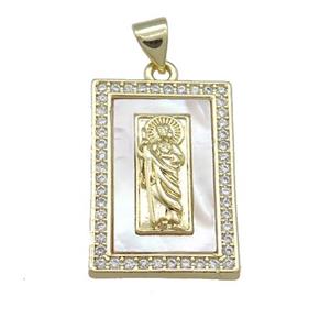 Jesus Charms Copper Rectangle Pendant Pave Shell Zircon 18K Gold Plated, approx 16-24mm