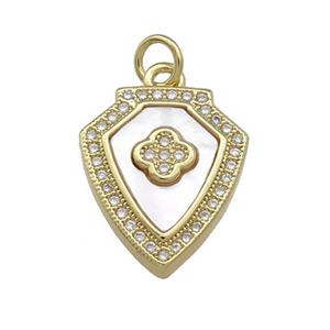 Copper Shield Clover Pendant Pave Shell Zircon 18K Gold Plated, approx 15-18mm