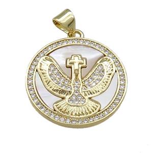 Copper Eagle Pendant Pave Shell Zircon Circle 18K Gold Plated, approx 21mm