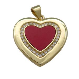 Copper Heart Pendant Pave Red Shell Zircon 18K Gold Plated, approx 22mm