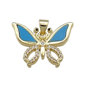 Copper Butterfly Pendant Pave Blue Shell Zircon 18K Gold Plated, approx 18-22mm