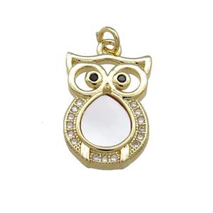 Owl Charms Copper Pendant Pave Shell Zircon 18K Gold Plated, approx 13-18mm
