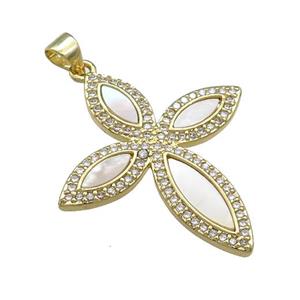 Copper Cross Pendant Pave Shell Zircon 18K Gold Plated, approx 30-33mm