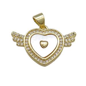 Copper Heart Pendant Pave Shell Zircon Angel Wings 18K Gold Plated, approx 14-23mm