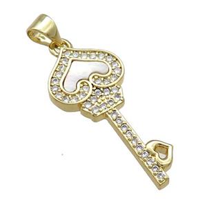 Copper Key Pendant Pave Shell Zircon 18K Gold Plated, approx 12-28mm