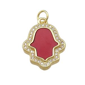 Copper Hamsahand Pendant Pave Red Shell Zircon 18K Gold Plated, approx 15-18mm