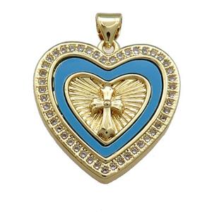 Copper Heart Pendant Pave Blue Shell Zircon Cross 18K Gold Plated, approx 22mm