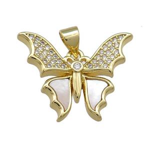 Copper Butterfly Pendant Pave Shell Zircon 18K Gold Plated, approx 18-23mm