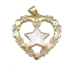 Copper Heart Pendant Pave Shell Zircon Star 18K Gold Plated, approx 25mm