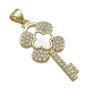 Copper Key Pendant Pave Shell Zircon Clover 18K Gold Plated, approx 13-26mm
