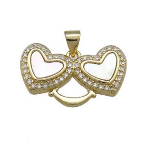 Copper Heart Pendant Pave Shell Zircon Double 18K Gold Plated, approx 16-25mm