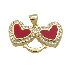 Copper Heart Pendant Pave Red Shell Zircon Double 18K Gold Plated, approx 15-25mm