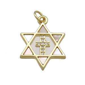David Star Copper Pendant Pave Shell Zircon Cross 18K Gold Plated, approx 18mm