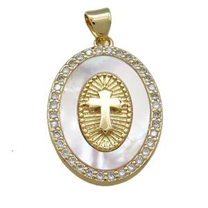 Copper Oval Pendant Pave Shell Zircon Cross Medal Charms 18K Gold Plated, approx 19-25mm