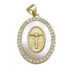 Copper Oval Pendant Pave Shell Zircon Cross Medal Charms 18K Gold Plated, approx 19-25mm