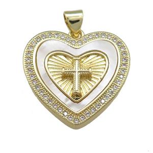 Copper Heart Pendant Pave Shell Zircon Cross 18K Gold Plated, approx 23mm