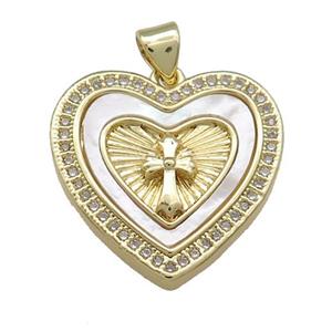 Copper Heart Pendant Pave Shell Zircon Cross 18K Gold Plated, approx 23mm