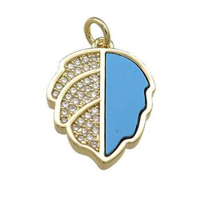 Copper Leaf Pendant Pave Blue Shell Zircon 18K Gold Plated, approx 15-18mm