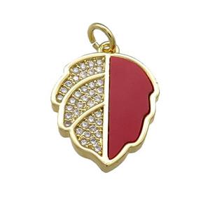 Copper Leaf Pendant Pave Red Shell Zircon 18K Gold Plated, approx 15-18mm