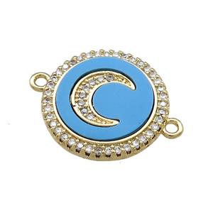 Copper Moon Pendant Pave Blue Shell Zircon Circle 18K Gold Plated, approx 18mm