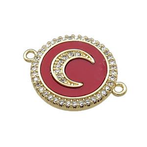 Copper Moon Pendant Pave Red Shell Zircon Circle 18K Gold Plated, approx 18mm