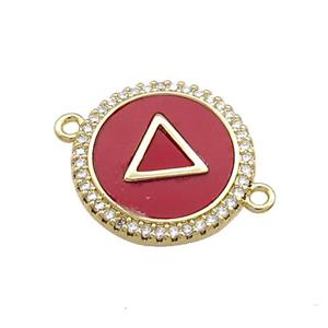 Copper Triangle Pendant Pave Red Shell Zircon Circle 18K Gold Plated, approx 18mm