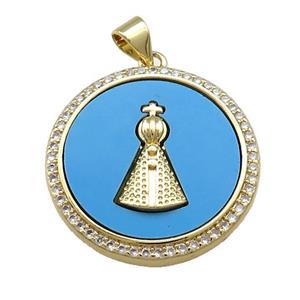 Copper Circle Pendant Pave Blue Shell Zircon Pope Charms 18K Gold Plated, approx 24mm
