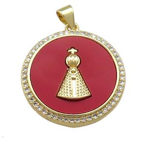 Copper Circle Pendant Pave Red Shell Zircon Pope Charms 18K Gold Plated, approx 24mm