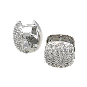 Copper Latchback Earrings Pave Zircon Square Platinum Plated, approx 14mm