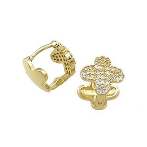 Copper Latchback Earrings Pave Zircon Clover Gold Plated, approx 11mm