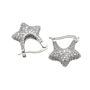 Copper Latchback Earrings Pave Zircon Star Platinum Plated, approx 14-17mm