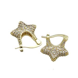 Copper Latchback Earrings Pave Zircon Star Gold Plated, approx 14-17mm