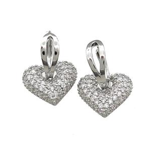 Copper Hoop Earrings Heart Pave Zircon Platinum Plated, approx 14mm, 14mm dia