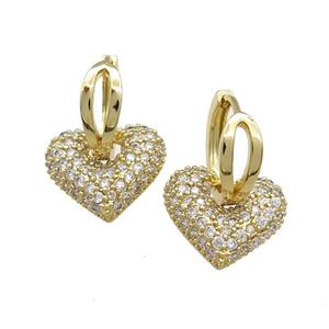Copper Hoop Earrings Heart Pave Zircon Gold Plated, approx 14mm, 14mm dia