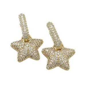 Copper Hoop Earrings Star Pave Zircon Gold Plated, approx 19mm, 14-17mm