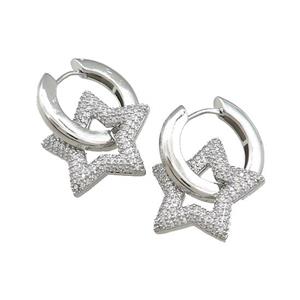 Copper Hoop Earrings Star Pave Zircon Platinum Plated, approx 22mm, 22mm dia