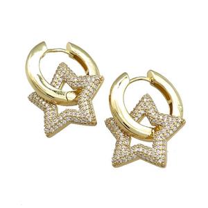 Copper Hoop Earrings Star Pave Zircon Gold Plated, approx 22mm, 22mm dia