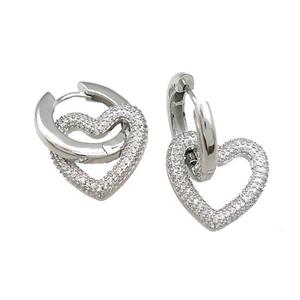 Copper Hoop Earrings Heart Pave Zircon Platinum Plated, approx 20mm, 22mm dia