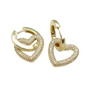 Copper Hoop Earrings Heart Pave Zircon Gold Plated, approx 20mm, 22mm dia