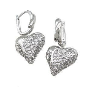 Copper Latchback Earrings Heart Pave Zircon Platinum Plated, approx 16-18mm, 12-15mm