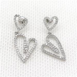 Copper Stud Earrings Heart Pave Zircon Platinum Plated, approx 9-10mm, 13-18mm