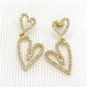 Copper Stud Earrings Heart Pave Zircon Gold Plated, approx 9-10mm, 13-18mm