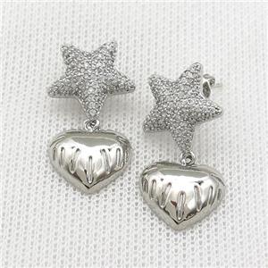Copper Star Stud Earrings Pave Zircon Heart Platinum Plated, approx 15mm, 16mm