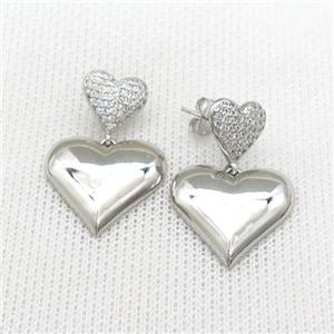 Copper Heart Stud Earrings Pave Zircon Platinum Plated, approx 11mm, 20mm