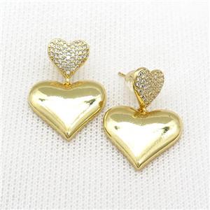 Copper Heart Stud Earrings Pave Zircon Gold Plated, approx 11mm, 20mm